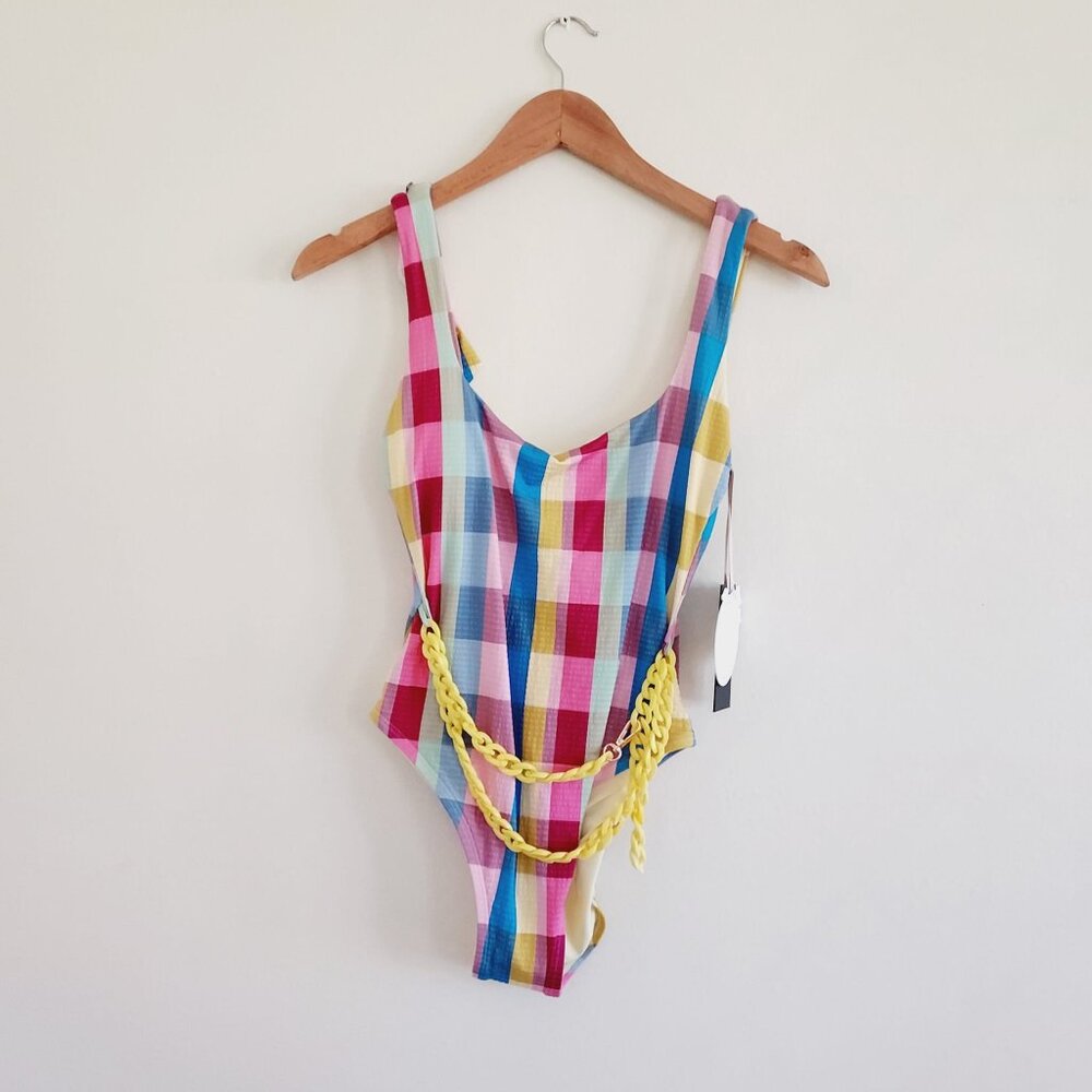 🏷NWT Gianni Bini x Jess Southern Garden Plaid Ruffled Back Chain Belt One Piece